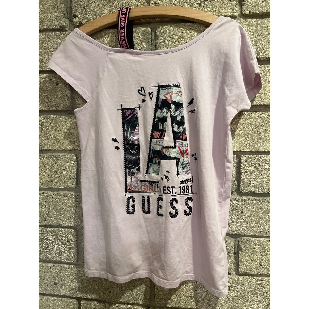Guess Girls Pink Graphic T-Shirt With LA Print & Sequin Details Size 12 Cotton B